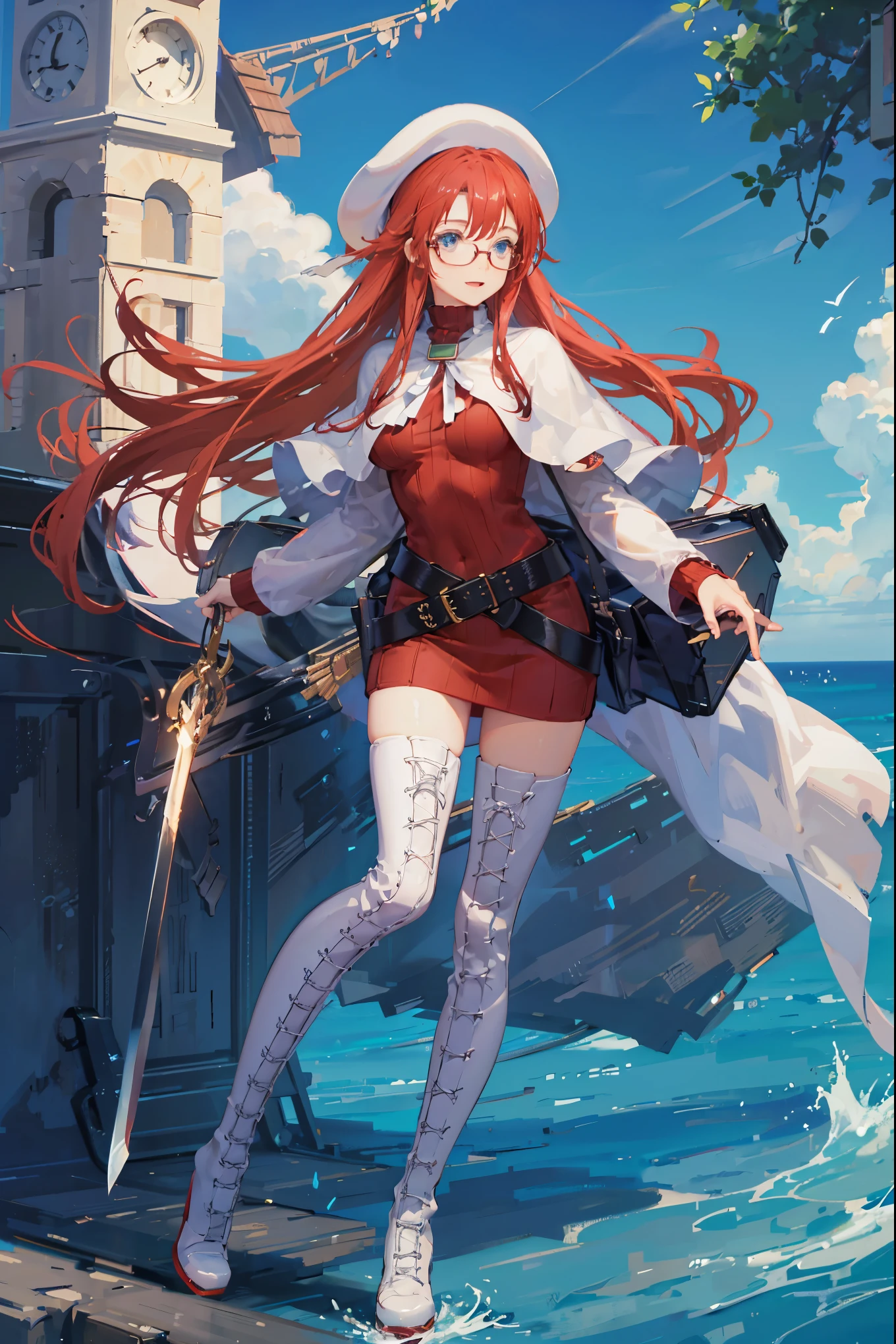 summonnightaty, aty, (young:1.3),long hair, blue eyes, red hair, big_tits, hat, glasses,
BREAK long hair, thighhighs, hat, dress, naked_legs, glasses, belt, cape, sweater, zettai ryouiki, beret, thigh boots, white footwear, ribbed sweater, loose belt,solo,
BREAK outdoors, fantasy,on_beach,
,Highquality_hads,perfect_fingers,
BREAK (masterpiece:1.2), best quality, high resolution, unity 8k wallpaper, (illustration:0.8), (beautiful detailed eyes:1.6), extremely detailed face, perfect lighting, extremely detailed CG, (perfect hands, perfect anatomy),covered_nipples,covered_navel ,half_eyes,long_sword,sleepy,red_sweater,apart_knees,magical_effect,spread_legs, have_a_book,teacher,rise_knee,Smile,rise_hand,look_down_viewer,spread_arms,sea​_waves,looking_into,blue_sky,plump,open_mouth, dynamic_posing,solo,