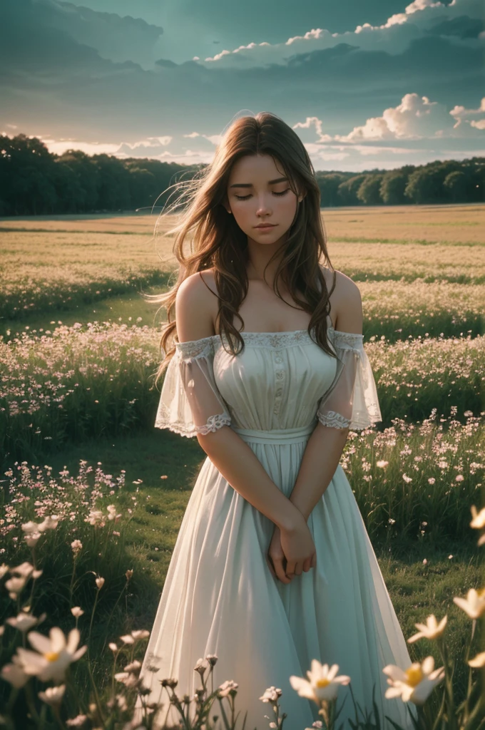 a beautiful young woman in a field of flowers, natural lighting, cinematic, dreamy, nostalgic, film grain, shallow depth of field, soft colors, warm tones, (best quality,4k,8k,highres,masterpiece:1.2),ultra-detailed,(realistic,photorealistic,photo-realistic:1.37),cinematic lighting,film photography,medium format,35mm film,analog photography,moody,atmospheric,romantic,ethereal