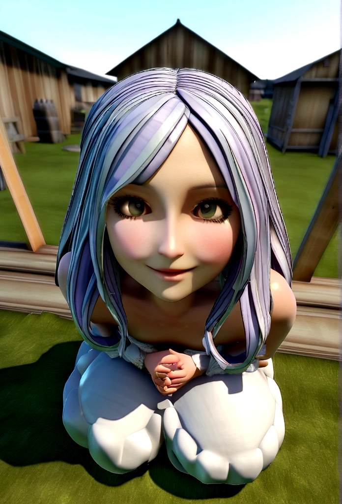 une fille mignon et heureux assis cheveux courts, travail sur un PC dans un village ....3D, detailed face, Unbalanced 16K