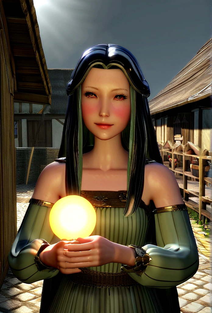 une fille mignon et heureux assis cheveux courts, travail sur un PC dans un village ....3D, detailed face, Unbalanced 16K