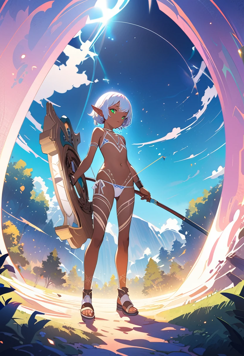 1boy, trap, wood elf, short white hair, green eyes, full lips, dark skin, white tribal tattoos, flat chest, bare-chested, thong, holding a bow, fantasy background, textured skin, UHD, UHD, UHD, UHD, award winning, high details, incredible high-key lighting and shadows, masterpiece, incredible illustration (anime style:1.5), modernism art, digital art pastel style, forest background