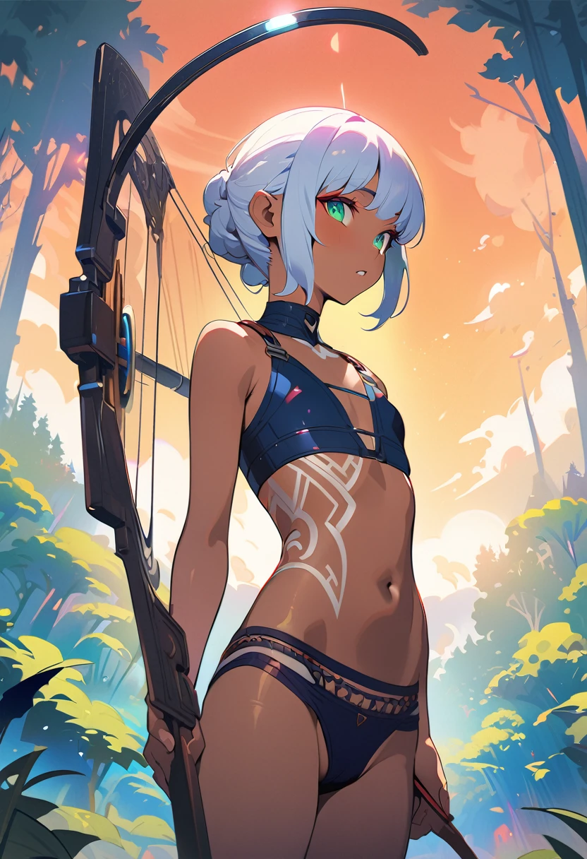 1boy, trap, wood elf, short white hair, green eyes, full lips, dark skin, white tribal tattoos, flat chest, bare-chested, thong, crotch bulge, holding a bow, fantasy background, textured skin, UHD, UHD, UHD, UHD, award winning, high details, incredible high-key lighting and shadows, masterpiece, incredible illustration (anime style:1.5), modernism art, digital art pastel style, forest background
