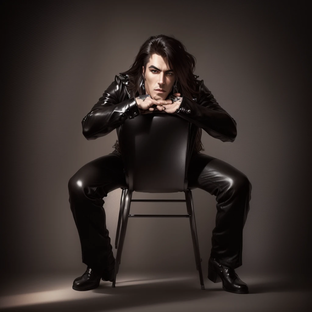 A male heavy metal glam rock singer in leather clothing is sitting backwards on a chair before the camera.