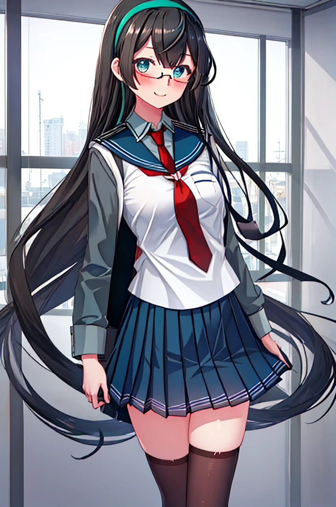 best quality, masterpiece, highres, solo, {ooyodo_kantaicollection:1.15}, black_hair, long_hair, glasses, hairband, semi-rimless_eyewear, under-rim_eyewear, blue_eyes, green_eyes, blush,small_breasts, 1girl, school_uniform, serafuku, pleats_skirt, looking_at_viewer, necktie, harbor_school_background, red_necktie,angry,smile,Proudly