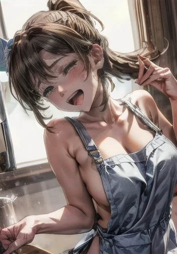 nsfw,1girl, minako satake (million live), brown hair, ponytail, (best quality, 8K, masterpiece, ultra detailed:1.2), (lens flare, light particles, sparkle), depth of field, seductive smile, cinematic angle, head tilt, cowboy shot, (Masterpiece, best quality, A cute anime lofi girl cooking dinner at home during the night, stunning confetti, :d,nude apron,