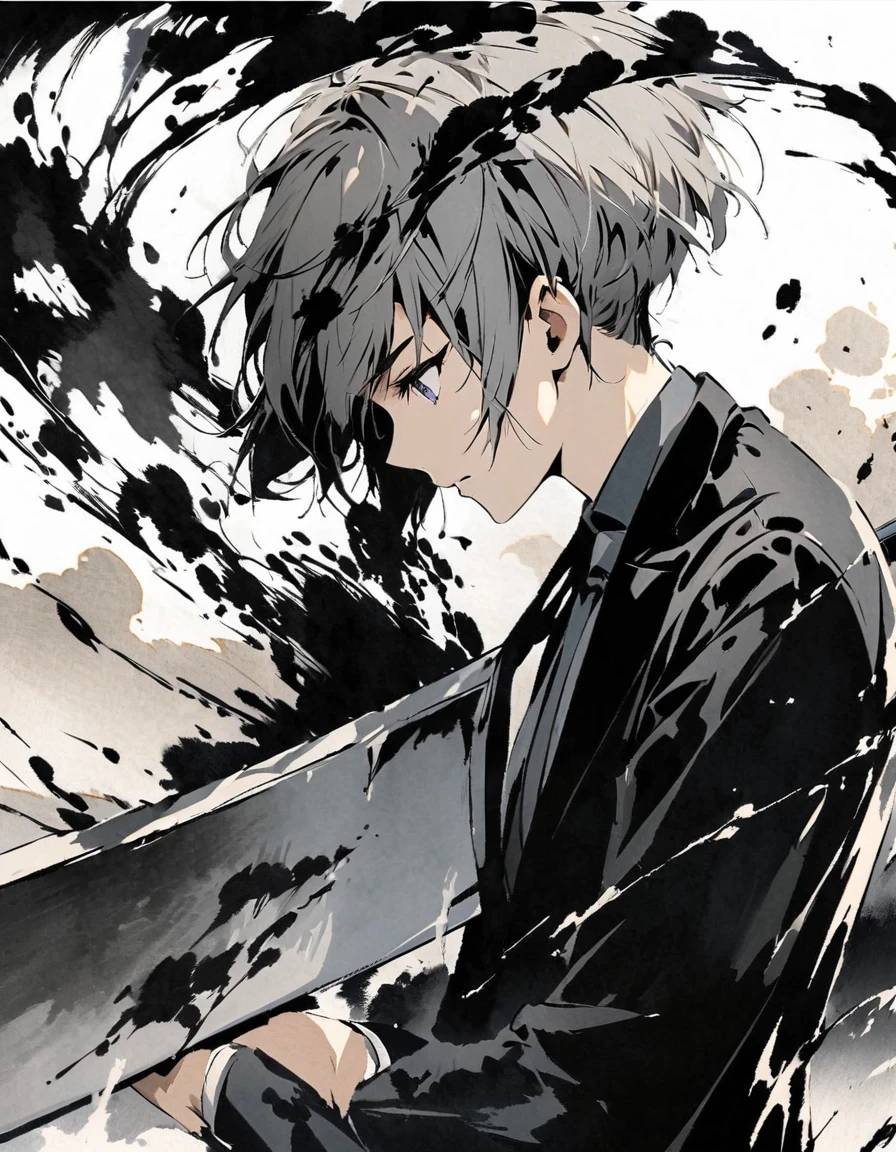 Grey short hair 28 years old Hold a longsword Damaged black suit Ink painting art