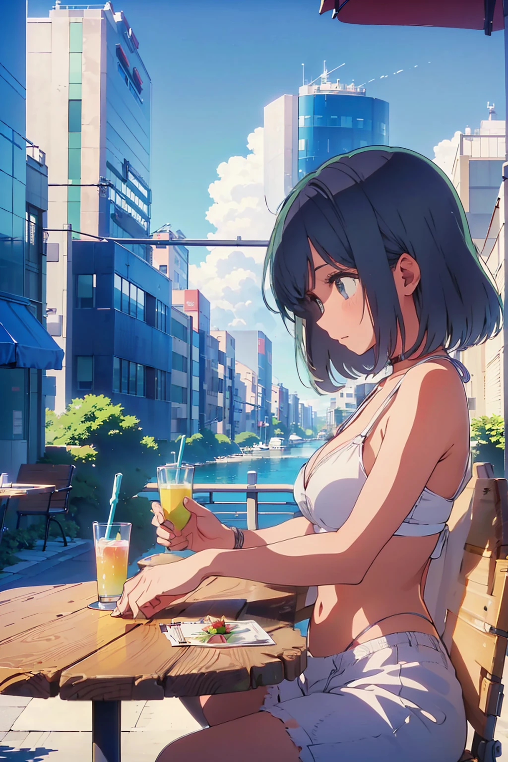 Highest quality,8k,detailed,F cup bust、Big Breasts、Very cute face、Slim and beautiful arms、Very white beautiful skin、((((1 person、smile、Thin white bikini、smile、sit、In the background are the urban buildings of Tokyo、Outdoor café terrace、juice、Leaning back in a chair、Crossing your legs、coastal、Best Beautiful Legs、Shooting from the side、table、Anime illustrations、Shooting from a distance))))、Very blue sky、A completely cloudless sky、The atmosphere is bright and lively、The woman is at the center of the image。