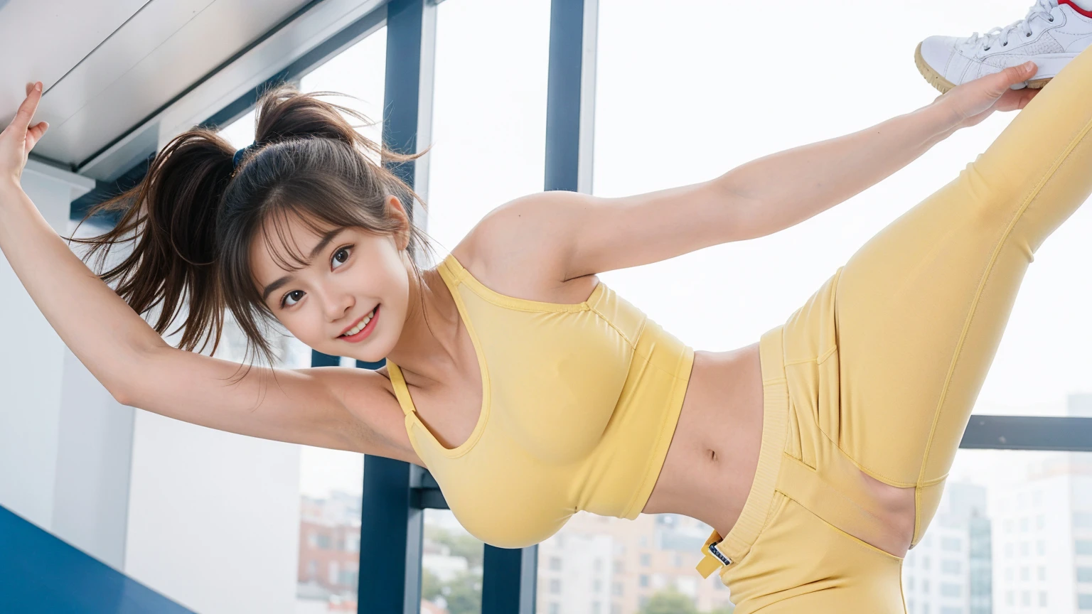 1 Girl, Beautiful, , 20 Years Old, White Skin, Bare Breasts, Sexy Pose, Gymnastic Outfit, , Muscles, Bokeh, In the Zero Gravity Experience, Masterpiece,Wearing a sports bra and Tight yellow jeans,(((Pose jumping from a height)))), Joyful facial expressions,Waving your arms in the air,with one's legs spread at 180 degrees,1girl