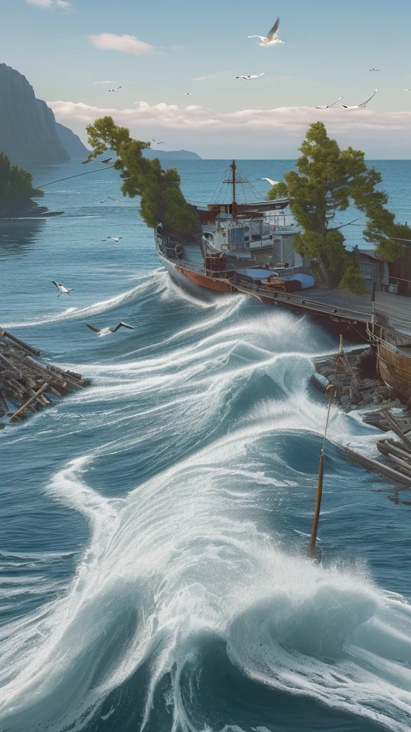 A ship floating on the sea,Barrels and scattered reins were neatly placed on the wooden deck.,There is a kerosene lamp on the guardrail for lighting.,In the distance, two ships are floating on the rough sea.,An island in the distance,There is also blue sky, white clouds and seagulls,Natural light,High-definition quality,High-quality posters,Oil painting texture,