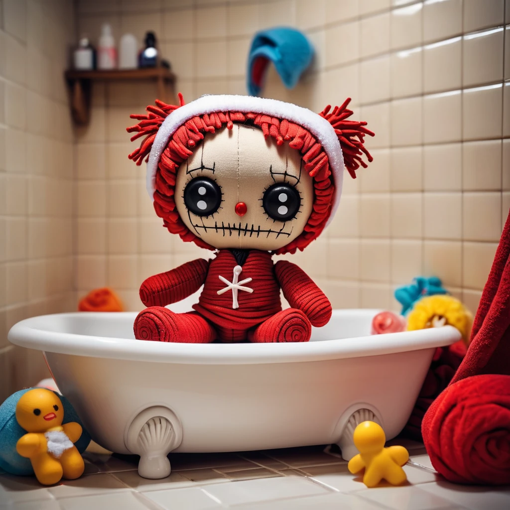 (knitted toy voodoo doll:1.2), Voodoo doll in the bath, Clothes Towel around the head, small bubbles and foam on the body, in the background Bathroom with tiles, filled with foam bathtub, bath toys scattered around, best quality, masterpiece, soft oil painting, detailed background, dramatic cinematic lighting, soft edge lighting, professional, dramatic lighting, hard edge lighting, ultra quality, 4k, masterpiece, best quality, 8k, super high definition, high de