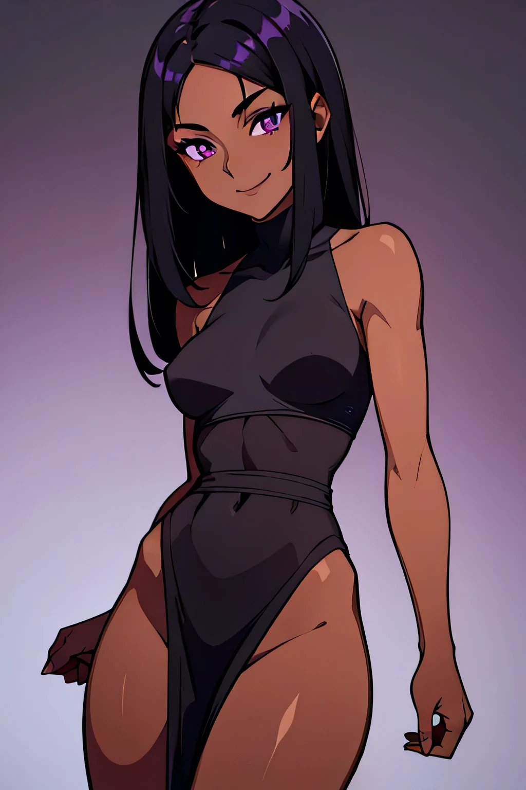 Masterclass, 1girl, alone, ((long black hair), (Dark skin), (purple eyes), medium breasts, thin waist, smiling)