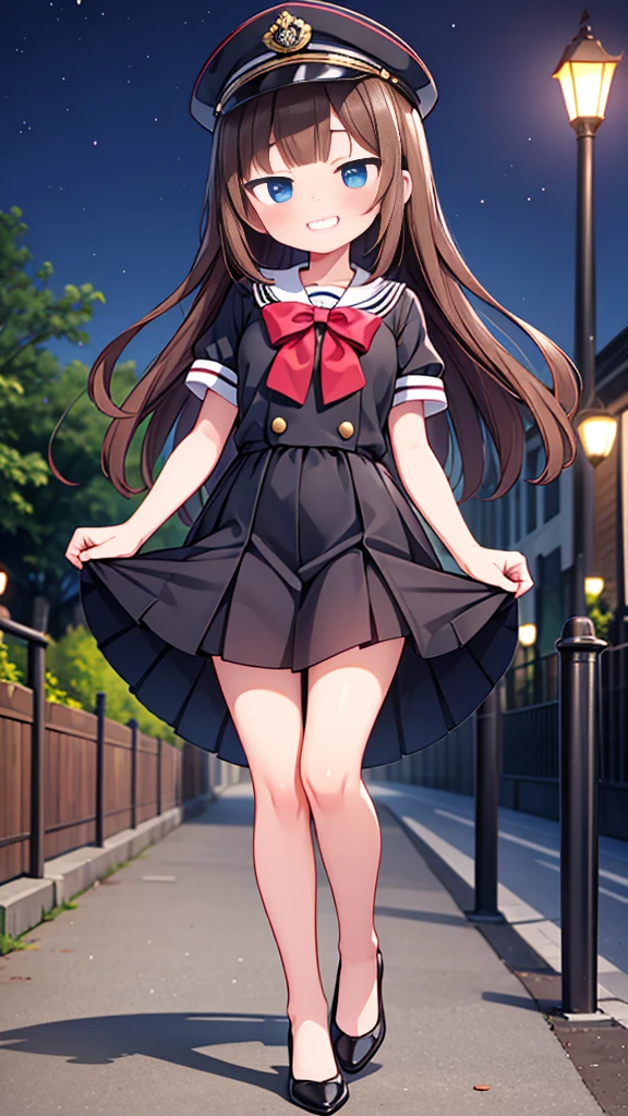{Highest quality], [Super beautiful], [Ultra fine], [Best illustration], NSFW,Brown Hair, Hime cut, Long Hair, With bangs, girl, Uniform cap,Security uniform, Grin, blush, Slender women,Short sleeve,Long straight skirt, Adult women,walk,(Public）Night Park, diagonal,Bare feet and pumps, Plain black pumps