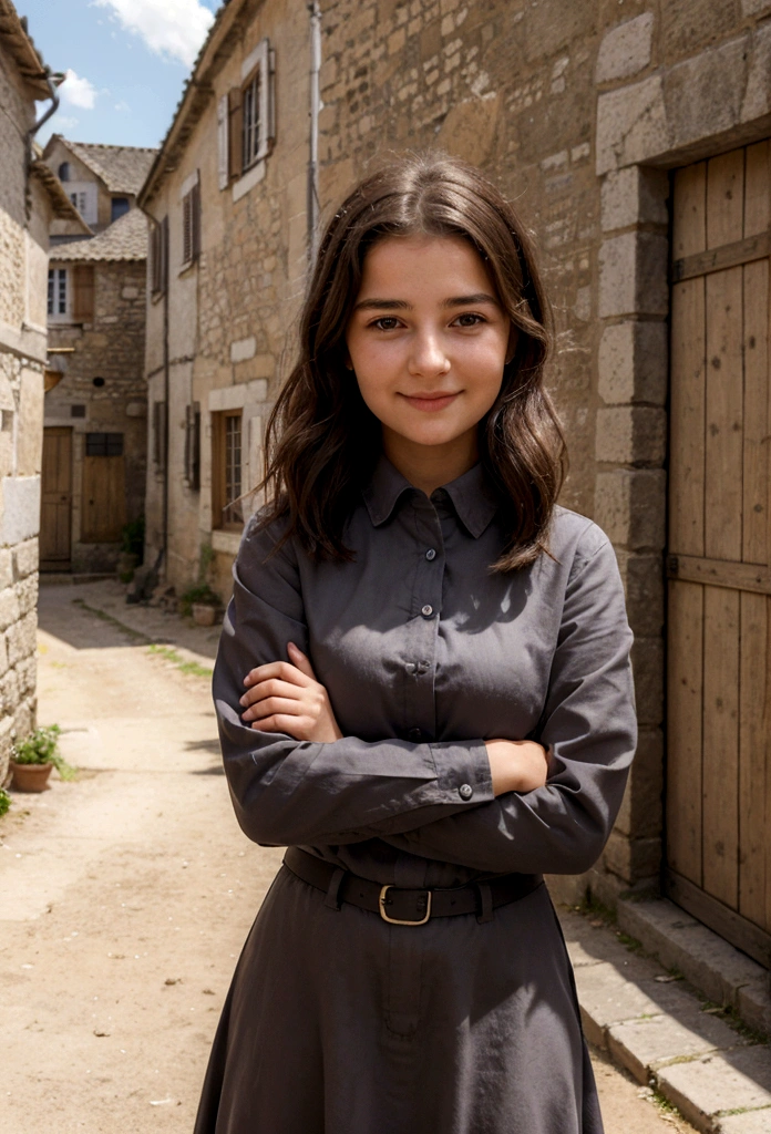 une fille mignon et heureux assis cheveux courts, travaillant sur un ordinateur dans un village ....3D, detailed face, Unbalanced 16K