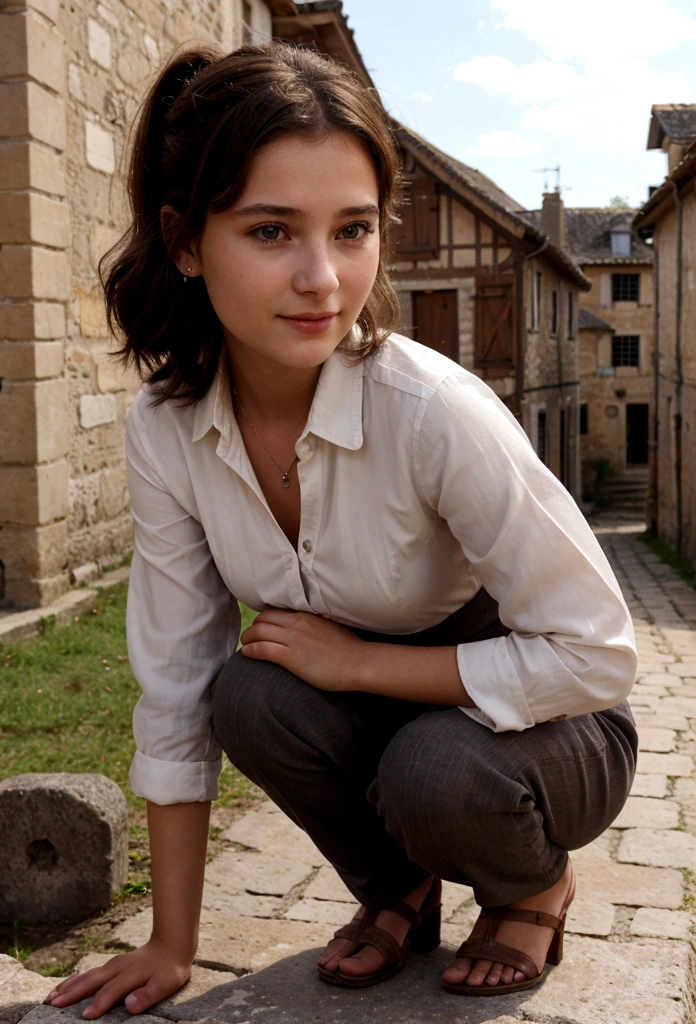 une fille mignon et heureux assis cheveux courts, travaillant sur un ordinateur dans un village ....3D, detailed face, Unbalanced 16K