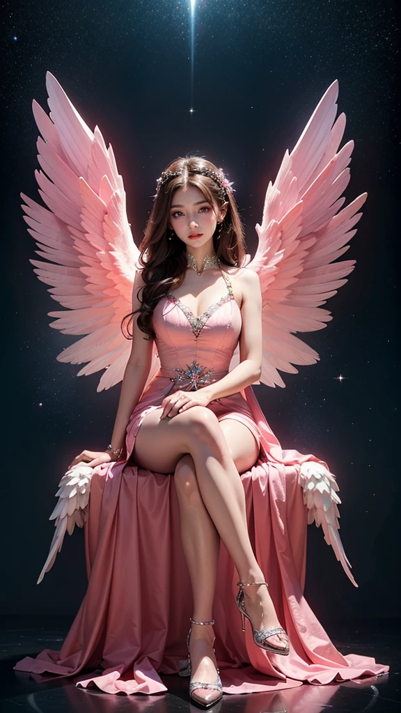 8K Ultra HD, masterpiece, Highest quality, Beautiful girl, Long Hair, Impressive hairstyle, Crystal Dress, Pink Dress, The Shining, Glowing Skin, Pink lighting, Space Background, Sitting, Full Body Capture,Winged angel background is familiar