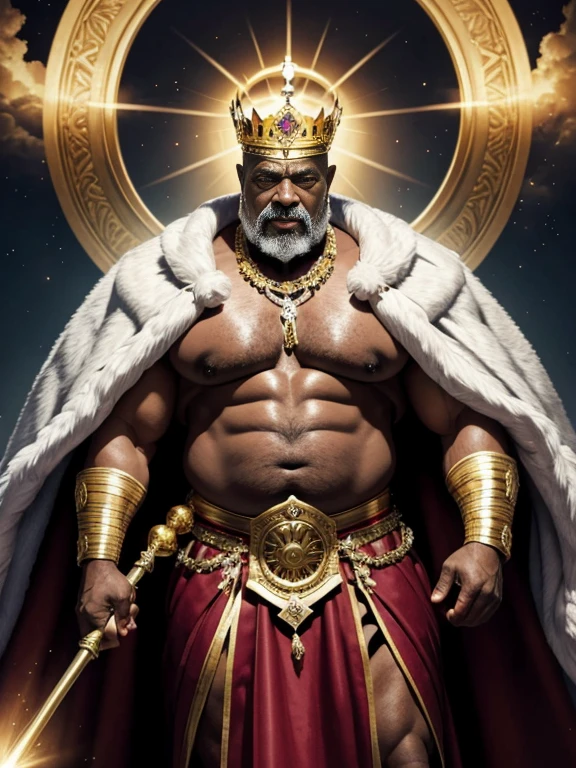 Hyperrealistic image of an old man over 79 years old African American superhero holy king imperial gray haired warrior with a huge crown of gold and gems and a halo of light with rays on his head super heavy and very fat very handsome bodybuilder with huge flabby pecs and very large and pointed nipples very sweaty in a sky of very white clouds wearing only a leather and gold Roman skirt and a velvet cape over the shoulders with an ermine collar 