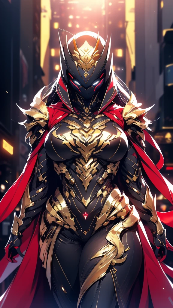 A woman adorned in fantasy-style full-body armor, a crown-concept fully enclosed helmet that unveils only her eyes, a composite layered chest plate, fully encompassing shoulder and hand guards, a lightweight waist armor, form-fitting shin guards, the overall design is heavy-duty yet flexible, (the armor gleams with a golden glow, complemented by red and blue accents), exhibiting a noble aura, she floats above a fantasy-surreal high-tech city, this character embodies a finely crafted fantasy-surreal style armored hero in anime style, exquisite and mature manga art style, (mixture of Queen bee and Spider concept Armor, plasma), ((Element, elegant, goddess, femminine:1.5)), metallic, high definition, best quality, highres, ultra-detailed, ultra-fine painting, extremely delicate, professional, anatomically correct, symmetrical face, extremely detailed eyes and face, high quality eyes, creativity, RAW photo, UHD, 32k, Natural light, cinematic lighting, masterpiece-anatomy-perfect, masterpiece:1.5