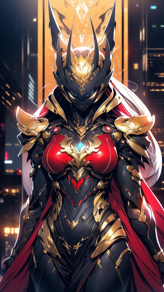 A woman adorned in fantasy-style full-body armor, a crown-concept fully enclosed helmet that unveils only her eyes, a composite layered chest plate, fully encompassing shoulder and hand guards, a lightweight waist armor, form-fitting shin guards, the overall design is heavy-duty yet flexible, (the armor gleams with a golden glow, complemented by red and blue accents), exhibiting a noble aura, she floats above a fantasy-surreal high-tech city, this character embodies a finely crafted fantasy-surreal style armored hero in anime style, exquisite and mature manga art style, (mixture of Queen bee and Spider concept Armor, plasma), ((Element, elegant, goddess, femminine:1.5)), metallic, high definition, best quality, highres, ultra-detailed, ultra-fine painting, extremely delicate, professional, anatomically correct, symmetrical face, extremely detailed eyes and face, high quality eyes, creativity, RAW photo, UHD, 32k, Natural light, cinematic lighting, masterpiece-anatomy-perfect, masterpiece:1.5