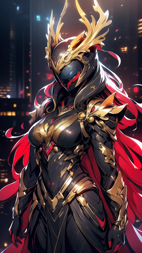 A woman adorned in fantasy-style full-body armor, a crown-concept fully enclosed helmet that unveils only her eyes, a composite layered chest plate, fully encompassing shoulder and hand guards, a lightweight waist armor, form-fitting shin guards, the overall design is heavy-duty yet flexible, (the armor gleams with a golden glow, complemented by red and blue accents), exhibiting a noble aura, she floats above a fantasy-surreal high-tech city, this character embodies a finely crafted fantasy-surreal style armored hero in anime style, exquisite and mature manga art style, (mixture of Queen bee and Spider concept Armor, plasma), ((Element, elegant, goddess, femminine:1.5)), metallic, high definition, best quality, highres, ultra-detailed, ultra-fine painting, extremely delicate, professional, anatomically correct, symmetrical face, extremely detailed eyes and face, high quality eyes, creativity, RAW photo, UHD, 32k, Natural light, cinematic lighting, masterpiece-anatomy-perfect, masterpiece:1.5