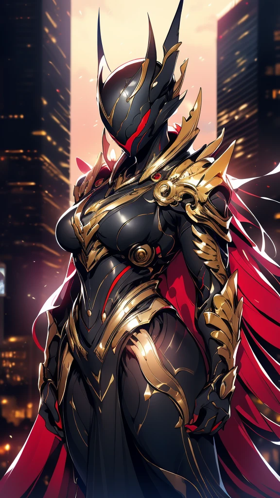 A woman adorned in fantasy-style full-body armor, a crown-concept fully enclosed helmet that unveils only her eyes, a composite layered chest plate, fully encompassing shoulder and hand guards, a lightweight waist armor, form-fitting shin guards, the overall design is heavy-duty yet flexible, (the armor gleams with a golden glow, complemented by red and blue accents), exhibiting a noble aura, she floats above a fantasy-surreal high-tech city, this character embodies a finely crafted fantasy-surreal style armored hero in anime style, exquisite and mature manga art style, (mixture of Queen bee and Spider concept Armor, plasma), ((Element, elegant, goddess, femminine:1.5)), metallic, high definition, best quality, highres, ultra-detailed, ultra-fine painting, extremely delicate, professional, anatomically correct, symmetrical face, extremely detailed eyes and face, high quality eyes, creativity, RAW photo, UHD, 32k, Natural light, cinematic lighting, masterpiece-anatomy-perfect, masterpiece:1.5