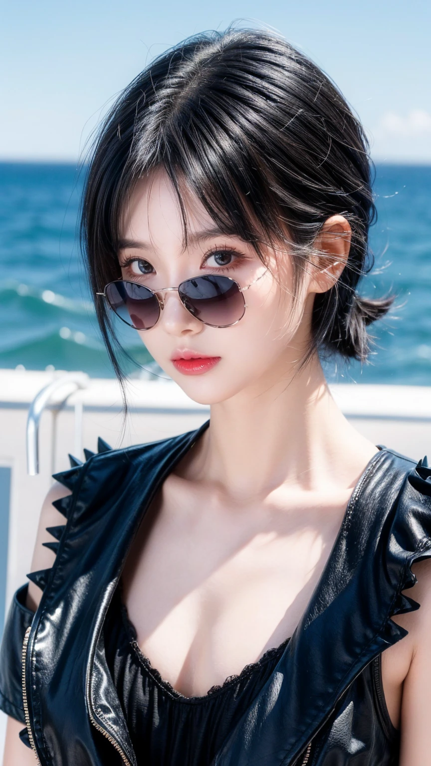 best quality, 1 Girl, dark blue hair, black eyes, Very short hair, Spiky hair, Sweet girl clothes, Wearing black sunglasses, 171 cm, Messy hair, Hair between the eyes, Medium breas, Tomboy, aldult, 20 years old, 1 Girl with yatch luxury at the sea