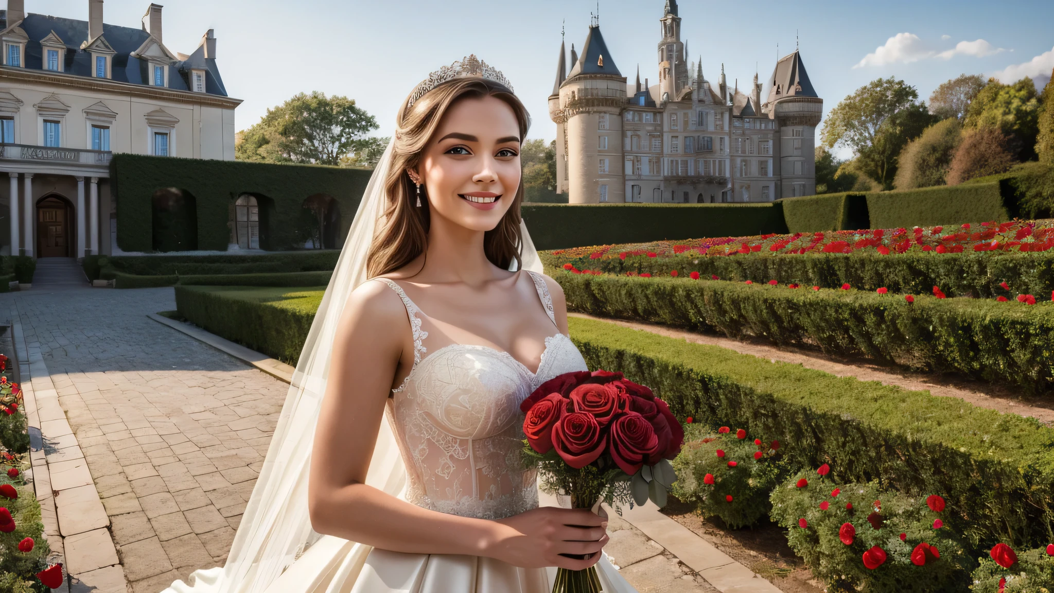 Masterpiece, best quality, very detailed, Exaggerated, realistic, beautiful young woman, white wedding dress, Smiling face holding a bouquet of red roses. Elegant castle background. Extraordinarily detailed face.