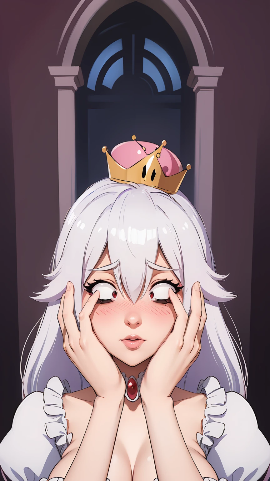 ((masterpiece)), ((best quality)), (detailed), perfect, solo, boosette, gorgeous girl, luscious lips, white hair, (((very shy))), (((blushing))), (((hands on face))), in a haunted mansion,