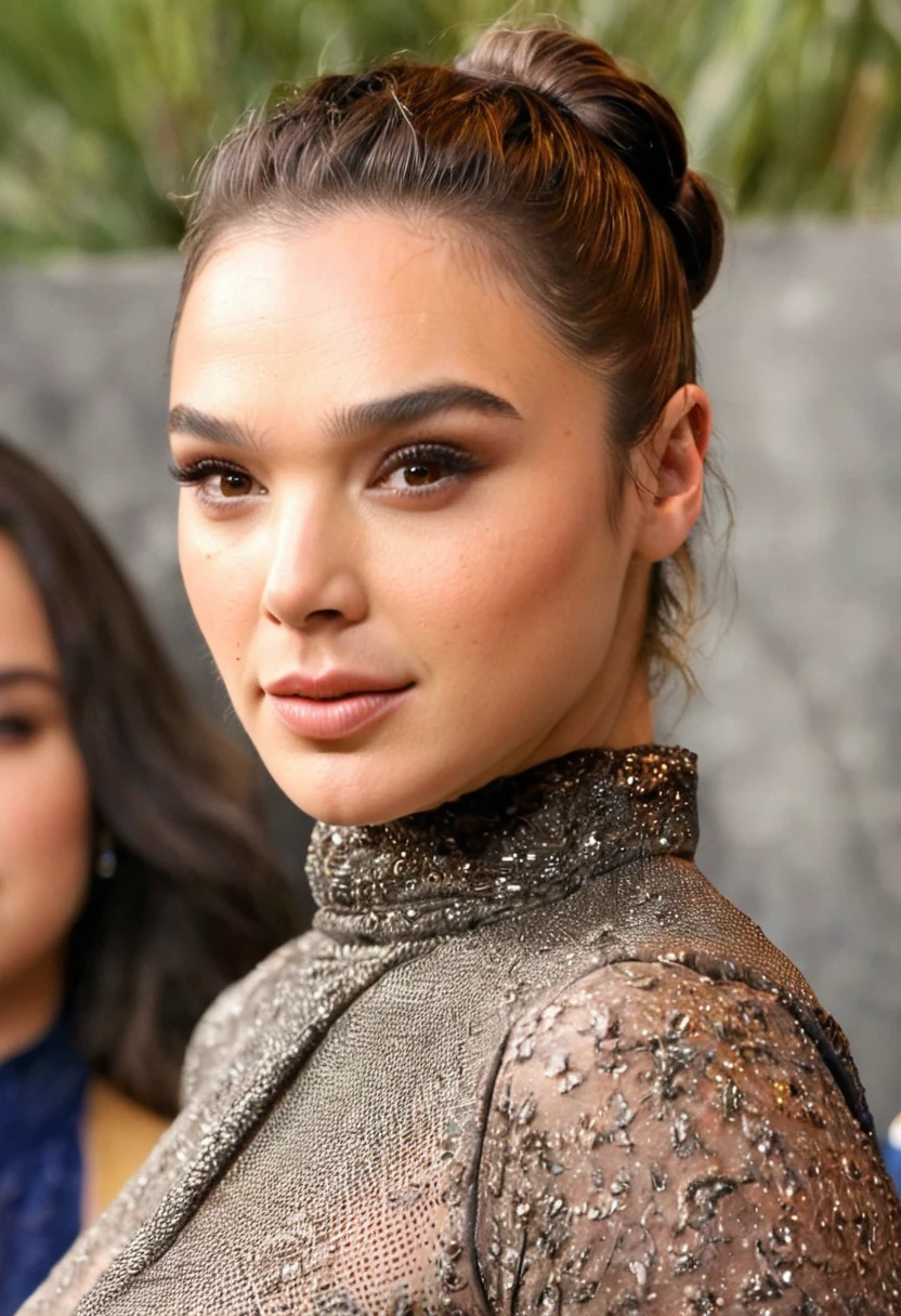  high quality  Erotic shot of GalGadot as Hailee Steinfeld (hail33 woman, long brown hair, long brown hair pulled back, hair bun ) , random erotic photograph , she is wearing a sweaty blouse, mini blouse, warm environment , bright sun,seductive, tired woman , fit muscular woman  ,  depth of field, insanely detailed skin texture, hyper detailed features 