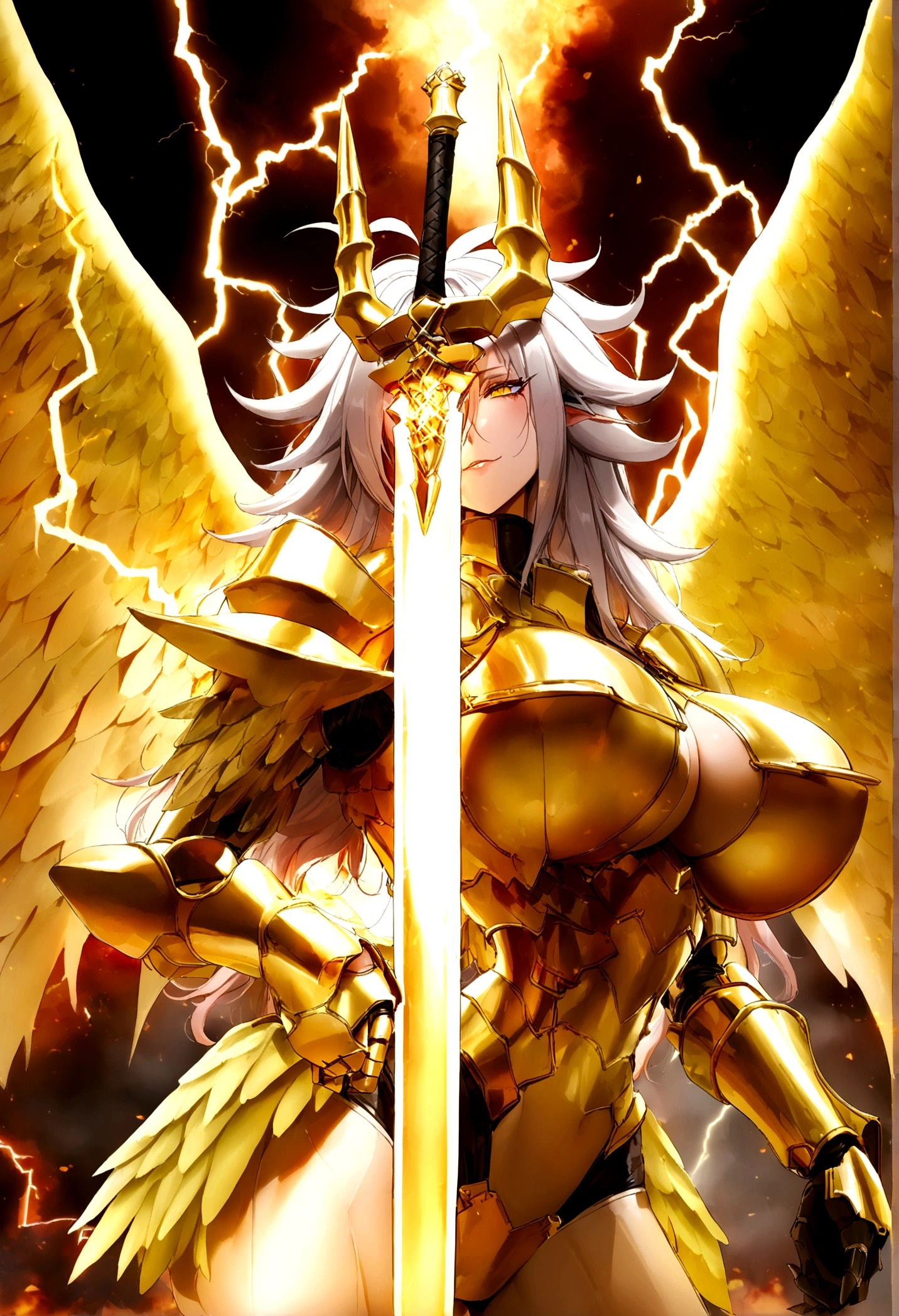 ((Lightning Power)), ((Electricity)), ((Fire Background)), ((Lightning Storm)), ((Power Erupting)),((((android 21 Evil)))), (((white Coat))), (((Busty))), (((((Big breast:1,3)))), luxury bustier corset, (((silver hair))), (((Very slim waist))), propotional body, ((Gorgeous)), (((gold wings))), masterpiece, hyperdetail, ambient effect, digital effect, (((snaggle maxillary canines))), (((FIRE SWORD)), (((Lightning Sword))), (((Fire Gold Armor))), (((Lightning Gold Wings))), (((Fire Blazing Horns)))