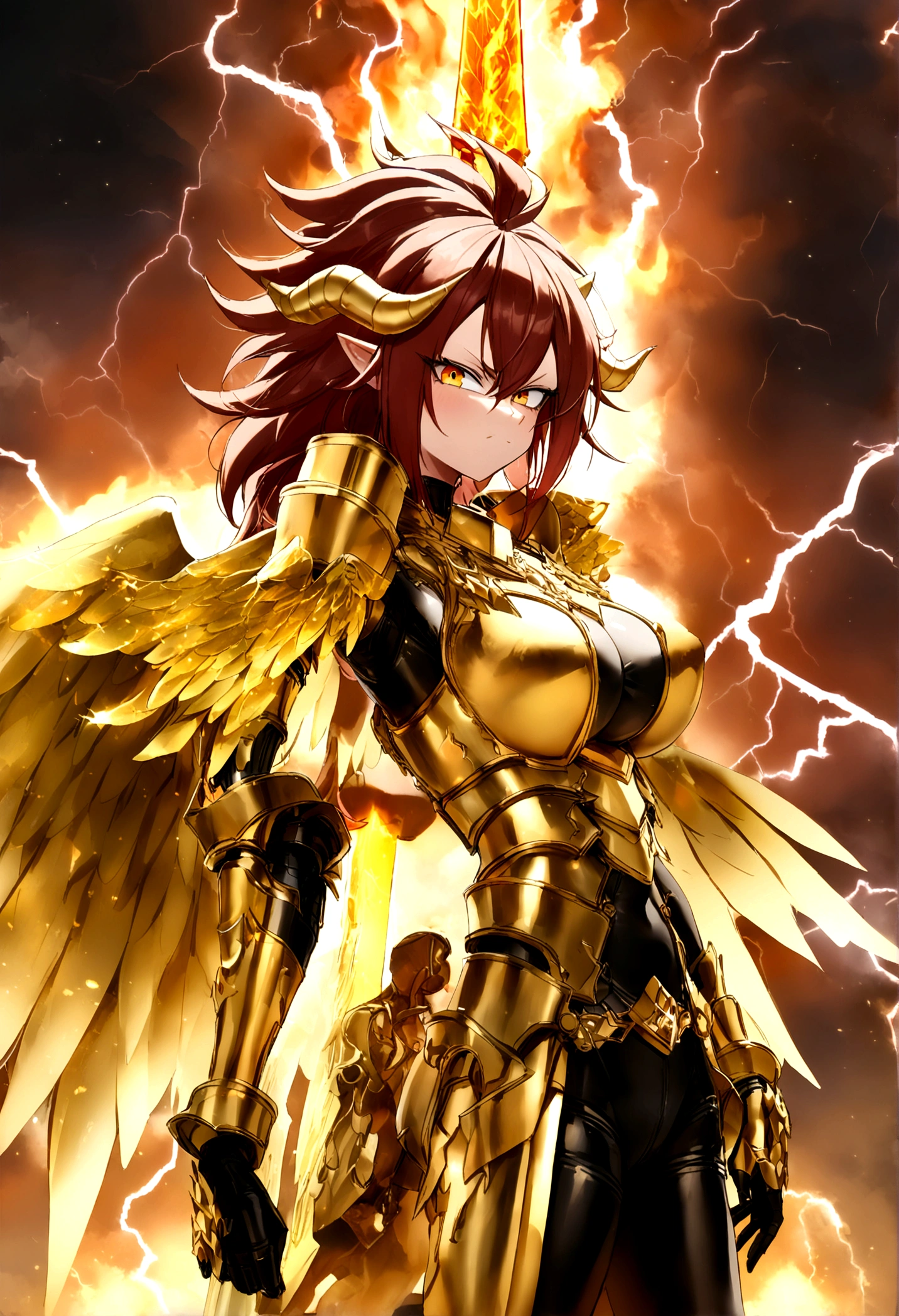 ((Lightning Power)), ((Electricity)), ((Fire Background)), ((Lightning Storm)), ((Power Erupting)),((((android 21 Evil)))), (((white Coat))), (((Busty))), (((((Big breast:1,3)))), luxury bustier corset, (((silver hair))), (((Very slim waist))), propotional body, ((Gorgeous)), (((gold wings))), masterpiece, hyperdetail, ambient effect, digital effect, (((snaggle maxillary canines))), (((FIRE SWORD)), (((Lightning Sword))), (((Fire Gold Armor))), (((Lightning Gold Wings))), (((Fire Blazing Horns)))
