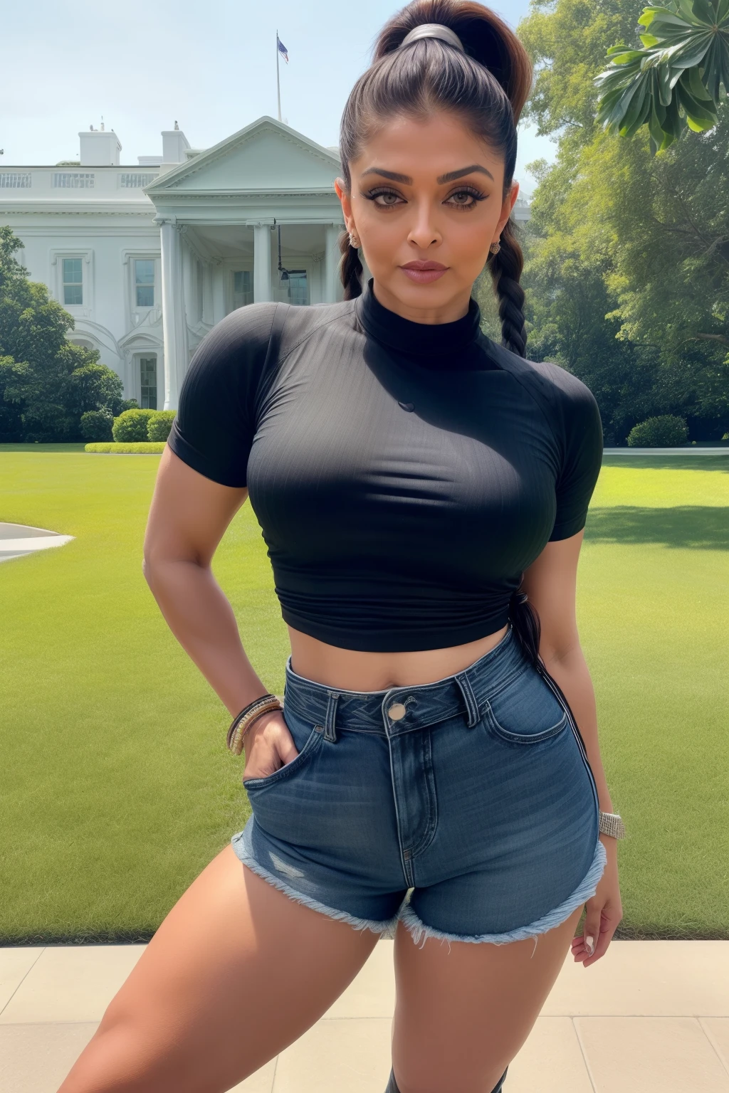 Full body photo 50YO MATURE MILF AISHWARYA RAI as FITNESS MODEL, (((ponytail tied hair))), ((black denim shorts with tight shirt)), ((high boots)), (((seductive posing in front of the white house))), day scene, curvaceous mature hourglass figure, look straight at camera, sexy 50 yo mature MILF, soft volumetric lights, intricate details, (ArtStation:1.2)