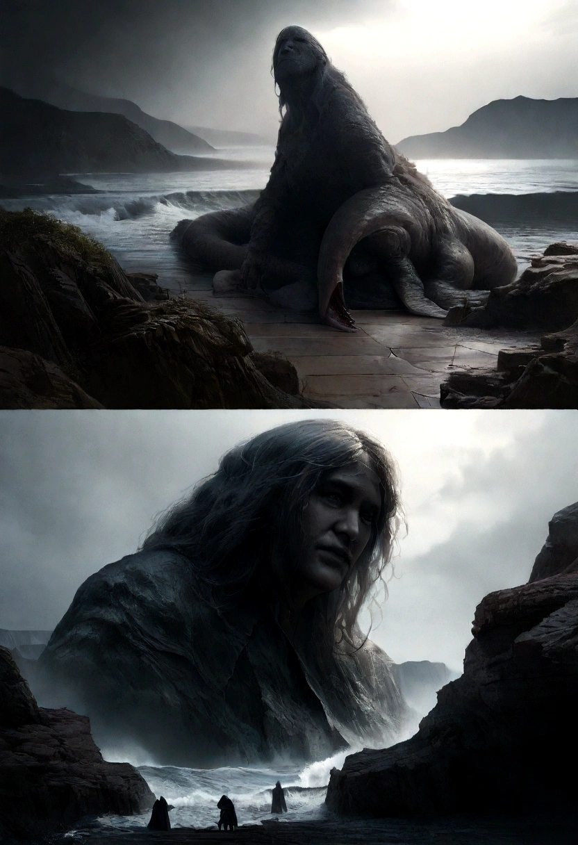 (best quality,4K,8K,high resolution,masterpiece:1.2),very detailed,(realistic,realistic,realistic:1.37),Floor plan,looking down,Silhouette of a giant sea creature,dark,scary,Sea view,underwater,monster figures,scary existence,quiet sea,Sinister atmosphere,Abyss,mysterious creatures,incite fear,scary sea monsters, majestic,impressed,dark Abyss 속에서 생명체의 비늘이 반짝였다,sea depth,terrible proportions,광활한 dark 바다,darkness and foreboding,shadow dance,Ominous silhouette,Eerily quiet.,The unknown is hidden below,vast and desolate,A strong sense of isolation,Sinister atmosphere,darkness crept in,ominous presence,It's so beautiful,threatening,eye-catching,the terrible beauty of the sea.