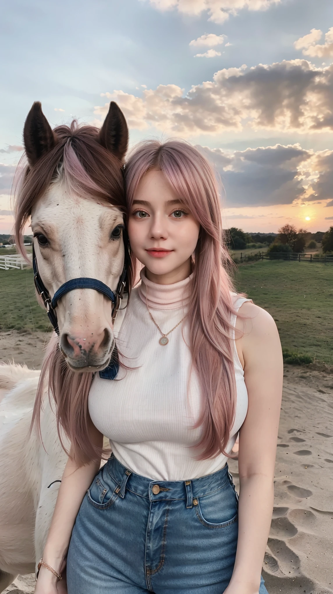 1 Girl, Beautiful, , 20 Years Old, White Skin, Colossal Chest, Sleeveless Turtleneck, Denim Mini Pants, Cleavage, Riding a Horse, White Horses, Home Outdoor Background, Highlight Pink Coloured Hair, Medium Bob Hair, ((Adorable:1.3)), ((Masterpiece:1.1)), ((Hair Blowing:1.1)), Sunset