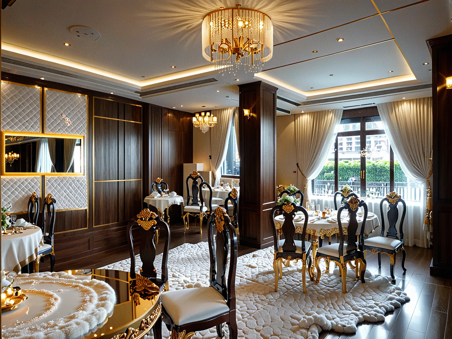 ,Masterpiece, Best quality,8K, Ultra-high resolution,When you step into the dinning room of restaurant room,Immediately surrounded by a rich atmosphere of luxury. The space  was covered with a soft white fluffy blanket,It is so comfortable,So much so that you can't help but indulge in it。Embellished with precious porcelain and white-off gold ornaments。Whenever it is late afternoon,The afterglow from the window spilled on the floor,Soft light and shadow are reflected,It was as if entering a dreamland. ((Wooden chair and table : 1.3)), MIRROR COVER THE COLUMN