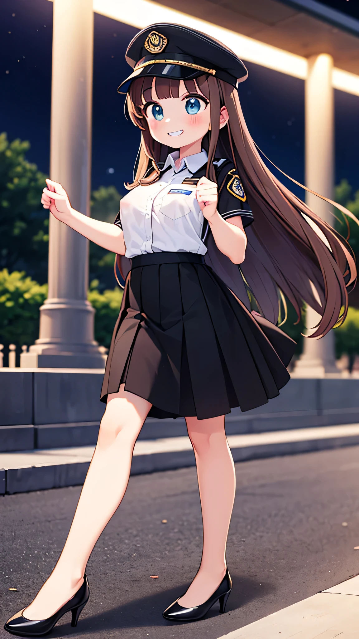 {Highest quality], [Super beautiful], [Ultra fine], [Best illustration], NSFW,Brown Hair, Hime cut, Long Hair, With bangs, girl, Uniform cap,Security uniform, Grin, blush, Slender women,Short sleeve,Long straight skirt, Adult women,walk,(Public）Night Park, diagonal,Bare feet and pumps, Plain black pumps