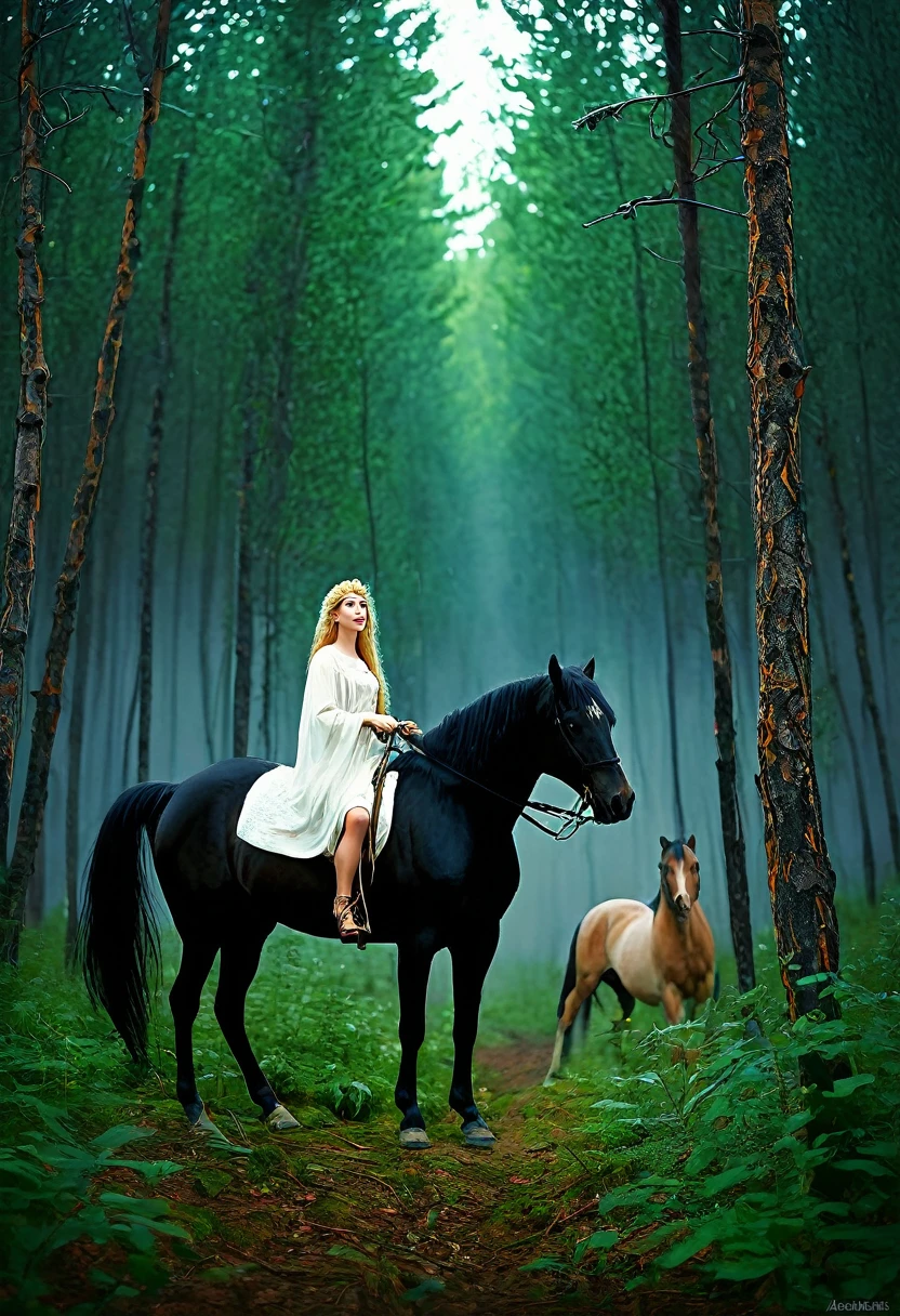 painting of a woman and a in a forest with horses, а fantasy proto-slavic mythology, slavic mythology, slavic folk fairytale, tuomas korpi and wlop, by Otakar Kubín, by Alexander Ivanov, by Alexander Kucharsky, by Andrei Ryabushkin, by László Balogh