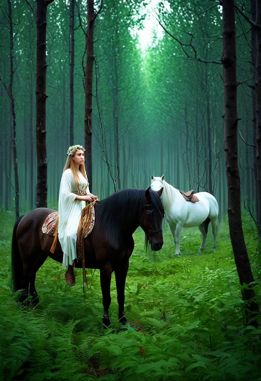 painting of a woman and a in a forest with horses, а fantasy proto-slavic mythology, slavic mythology, slavic folk fairytale, tuomas korpi and wlop, by Otakar Kubín, by Alexander Ivanov, by Alexander Kucharsky, by Andrei Ryabushkin, by László Balogh