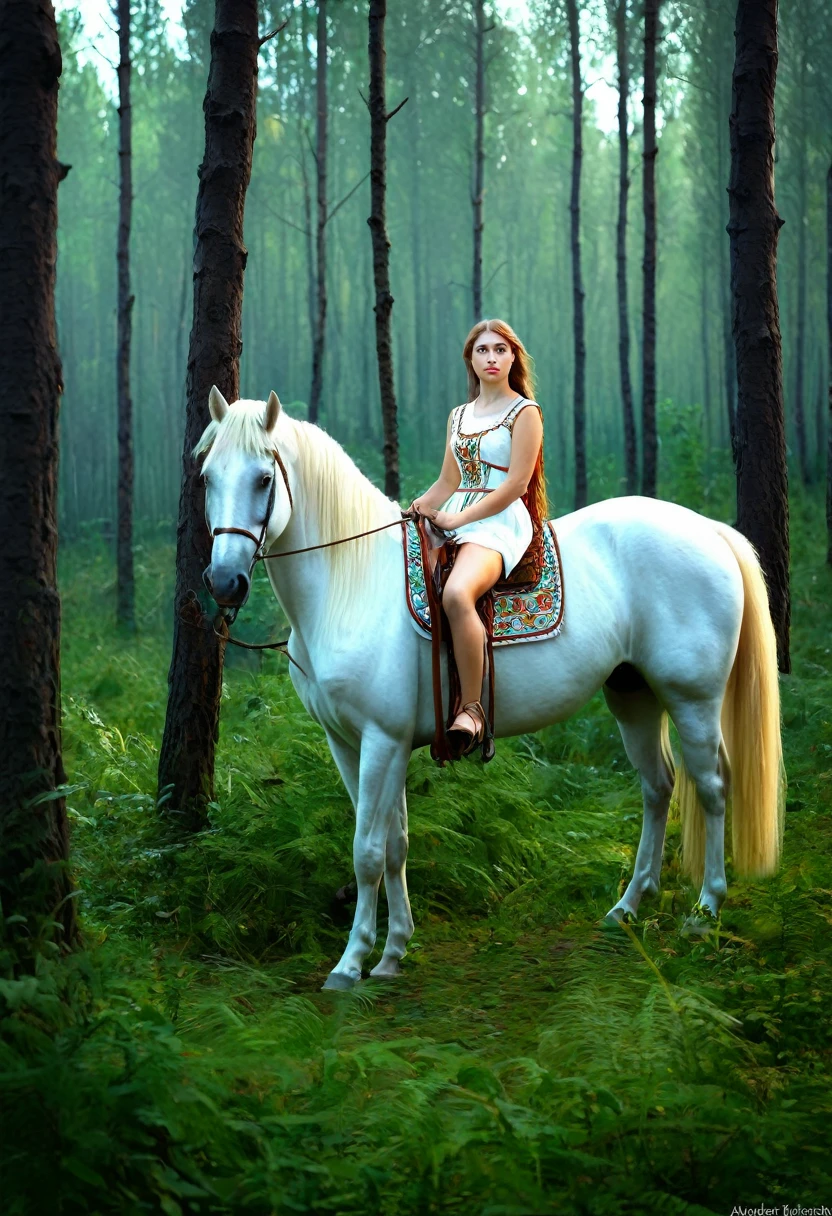 painting of a woman and a in a forest with horses, а fantasy proto-slavic mythology, slavic mythology, slavic folk fairytale, tuomas korpi and wlop, by Otakar Kubín, by Alexander Ivanov, by Alexander Kucharsky, by Andrei Ryabushkin, by László Balogh