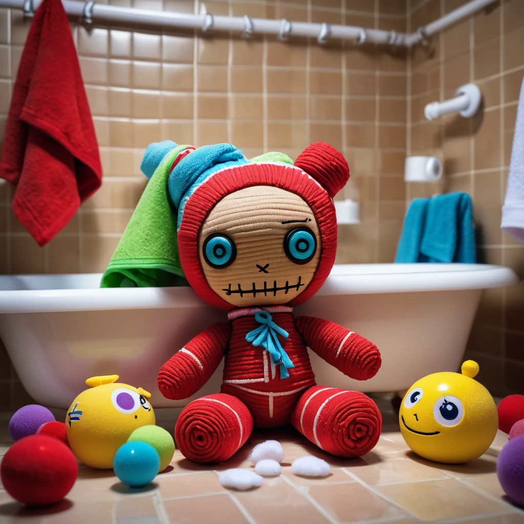 (knitted toy voodoo doll:1.2), Voodoo doll in the bath, Clothes Towel around the head, small bubbles and foam on the body, in the background Bathroom with tiles, filled with foam bathtub, bath toys scattered around, best quality, masterpiece, soft oil painting, detailed background, dramatic cinematic lighting, soft edge lighting, professional, dramatic lighting, hard edge lighting, ultra quality, 4k, masterpiece, best quality, 8k, super high definition, high de