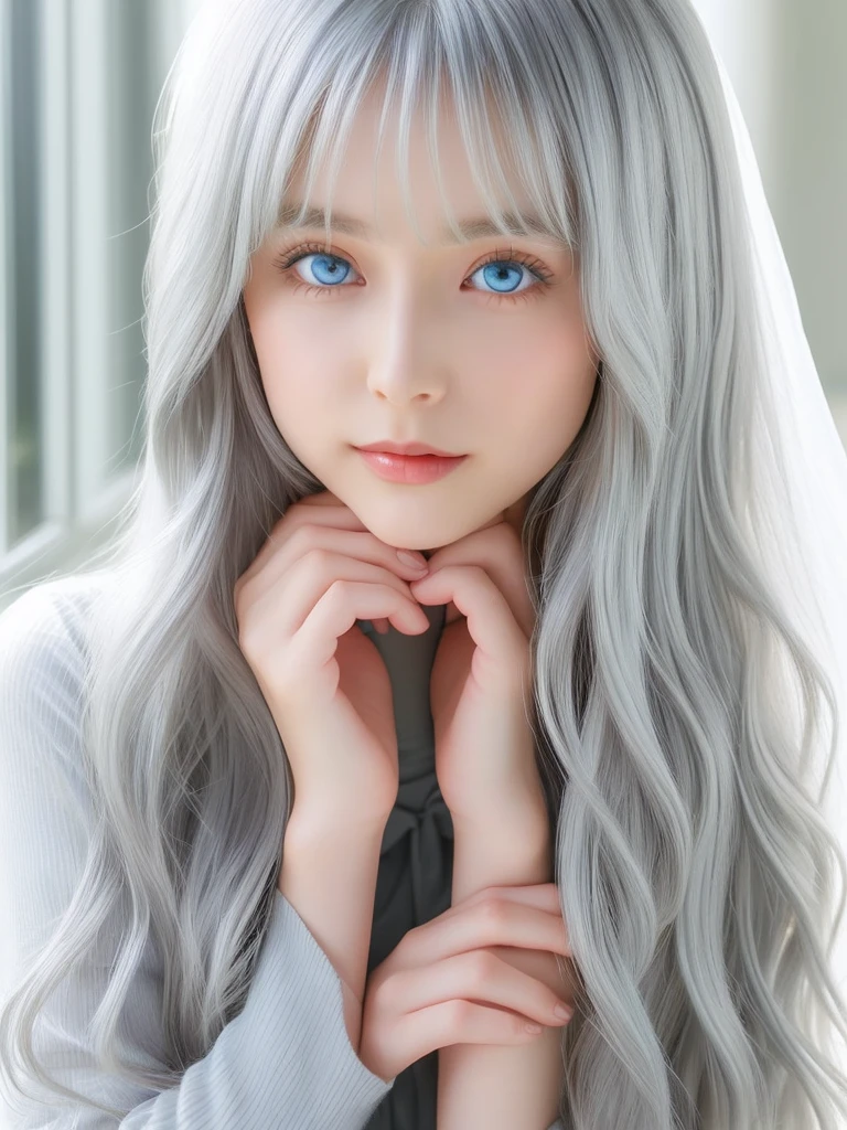 The Shining, clear, White skin、Her windblown silver hair hides her beautiful face..、Huge、Sexy beautiful face of 28 years old、Beautiful straight hair that stands out、growing up, light blue eyes shimmering、Sexy long silky bangs that cover the eyes, Sexy young woman with super long hair hiding her sexy face、The Shining silver hair、(((Sexy Woman)))
