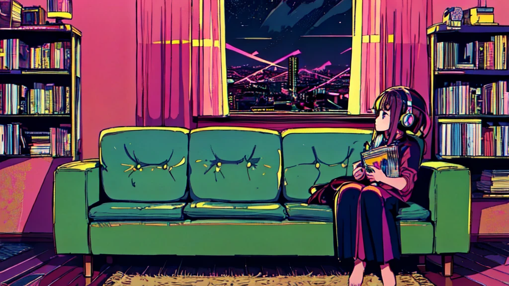 Highest quality, 4k wallpaper, masterpiece, Highly detailed CG Unity 8k wallpaper, Very fine grain, Super detailed, Intricate details, Retro art style, ((Synthwave art style)), (Girl sitting on sofa,In a cozy room,Records hanging on her wall, Comic books on the floor, Looking out the window behind her at the night city, Upholstered room, Anime figures lined up on a shelf,Wearing headphones)