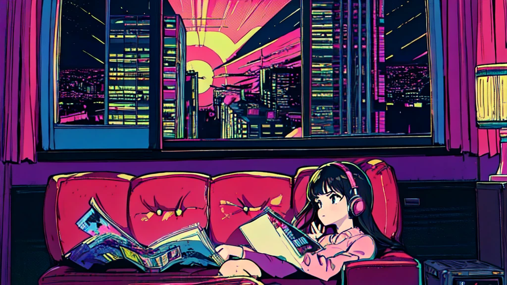 Highest quality, 4k wallpaper, masterpiece, Highly detailed CG Unity 8k wallpaper, Very fine grain, Super detailed, Intricate details, Retro art style, ((Synthwave art style)), (Girl sitting on sofa,In a cozy room,Records hanging on her wall, Comic books on the floor, Looking out the window behind her at the night city, Upholstered room, Anime figures lined up on a shelf,Wearing headphones)