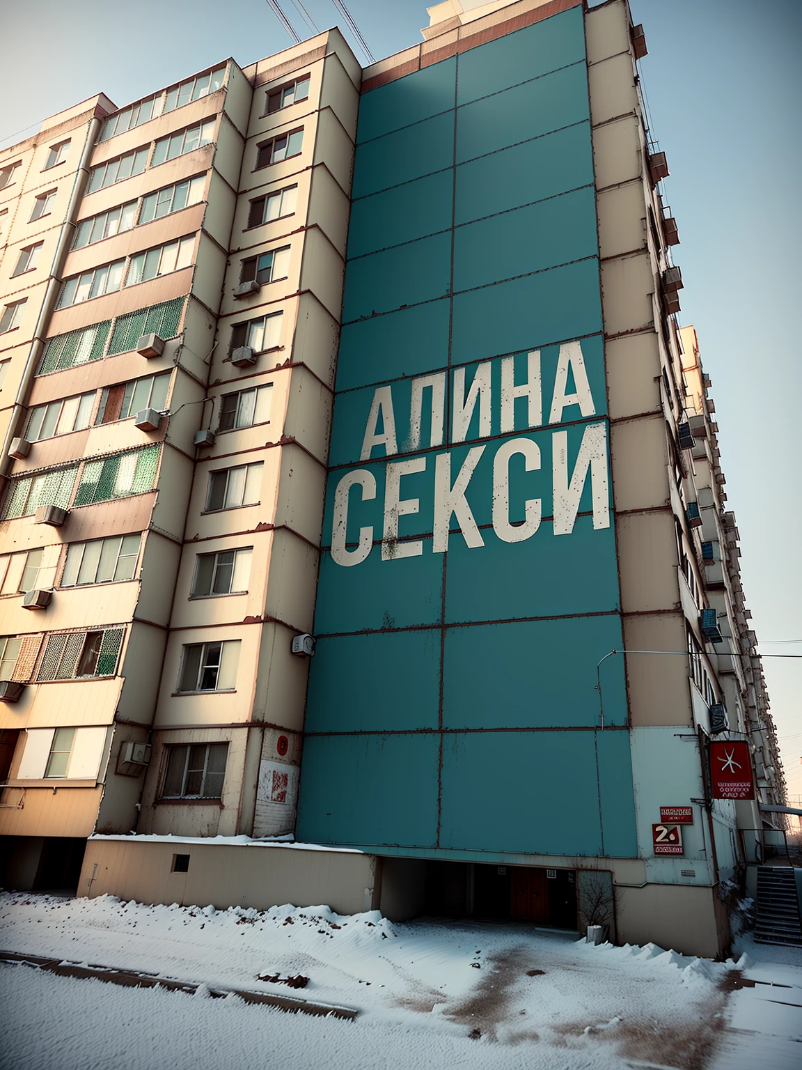 there is a large building with a sign, on which it is written:, Superimposed Cyrillic words, Filmed on Sony Alpha 9, in Russia, Soviet residential buildings, Soviet residential building, decorated with Soviet motifs, soviet style, Adim Kashin, soviet architecture, mirror's edge in Russia, typical russian atmosphere, inspired by Alexander Rodchenko