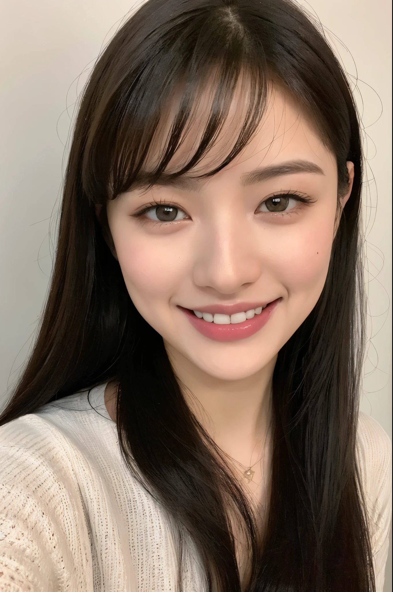 22 year old girl, con ojos grises, piel blanca palida, figura delgada, sonriendo, pelo color negro, a la moda, foto tomada con camara profesional ultrarealista