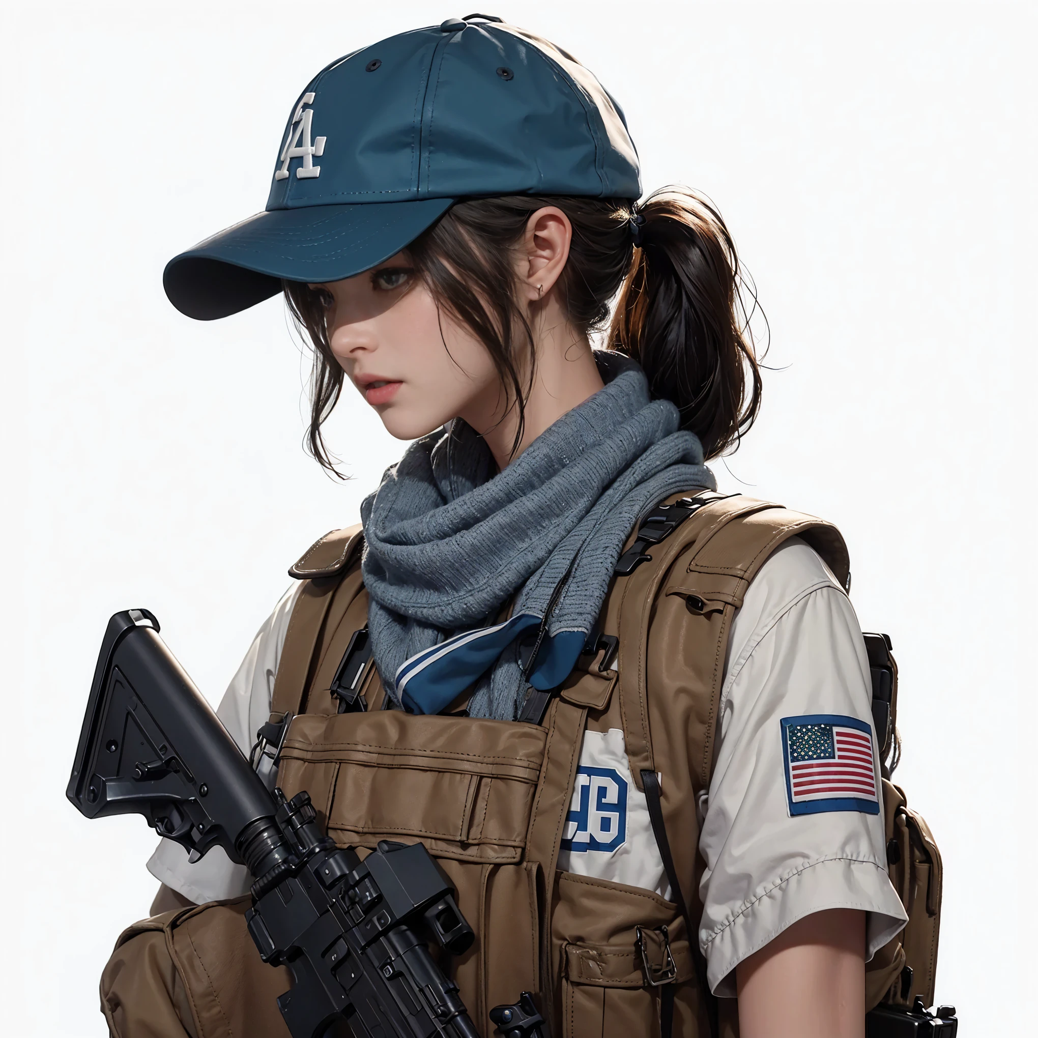 , photorealistic, 8k、Realistic Skin Texture、Superrealism、Automatic rifle、Dodgers cap