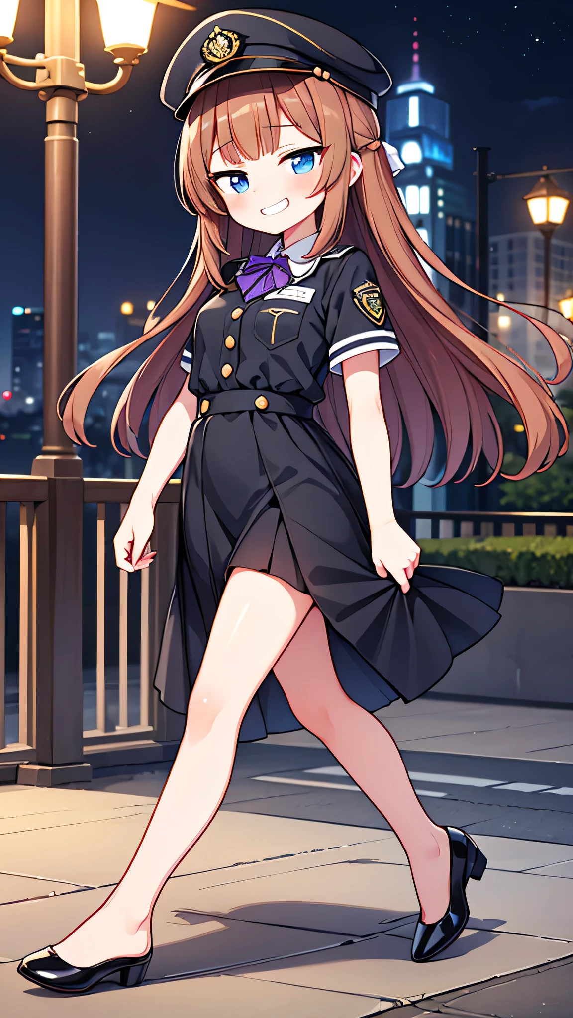 {Highest quality], [Super beautiful], [Ultra fine], [Best illustration], NSFW,Brown Hair, Hime cut, Long Hair, With bangs, girl, Uniform cap,Security uniform, Grin, blush, Slender women,Short sleeve,Long straight skirt, Adult women,walk,(Public）Night Park, diagonal,Bare feet and pumps, Plain black pumps