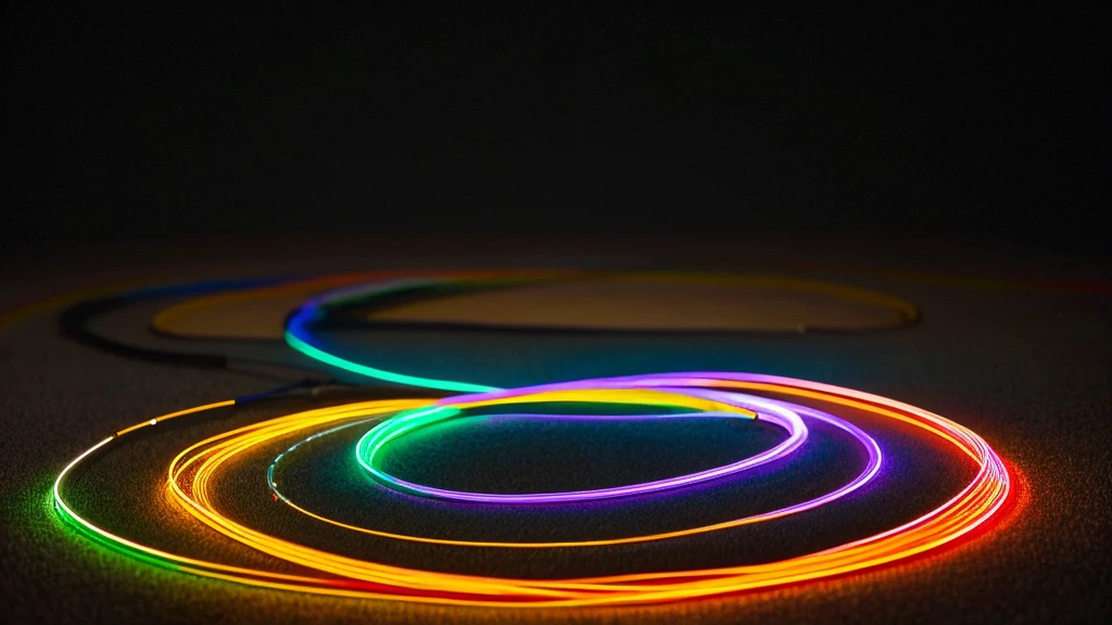 image of a fiber optic cable that forms a parrot, the end of the optic cable looks tangled in a mess, the optic cable of various colors looks spectacular starting to unravel, all of which spins away with the end glowing with light