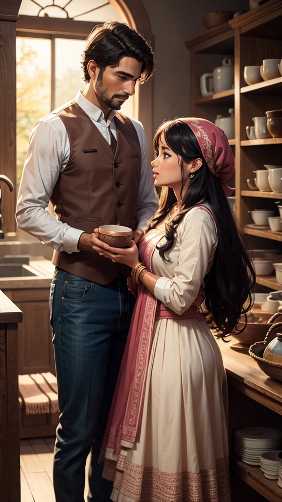 A man says to indian marridge couple in the pottery shop
