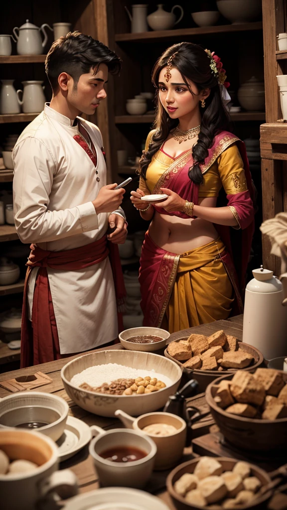 A man says to indian marridge couple in the pottery shop