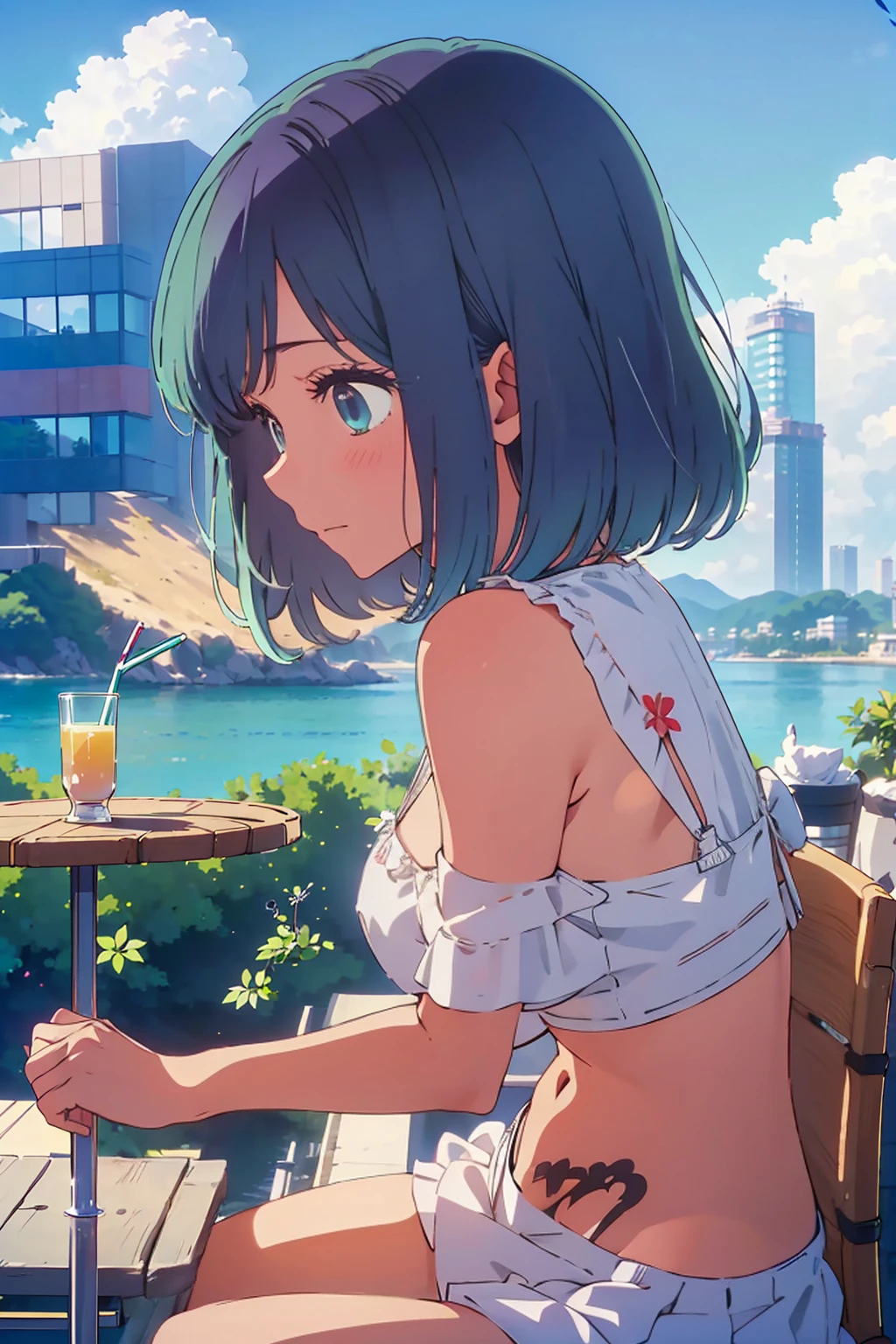 Highest quality,8k,detailed,F cup bust、Big Breasts、Very cute face、Slim and beautiful arms、Very white beautiful skin、((((1 person、smile、Thin white bikini、smile、sit、In the background are the urban buildings of Tokyo、Outdoor café terrace、juice、Leaning back in a chair、Crossing your legs、coastal、Best Beautiful Legs、Shooting from the side、table、Anime illustrations、Shooting from a distance))))、Very blue sky、A completely cloudless sky、The atmosphere is bright and lively、The woman is at the center of the image。